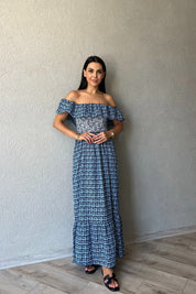 Koyu Mavi Madonna Yaka Desenli Gipeli  Elbise SY-2164-Koyu Mavi