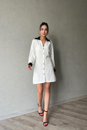 Ekru Garnili Düğme Detaylı Gömlek Elbise SY-1971-Ekru