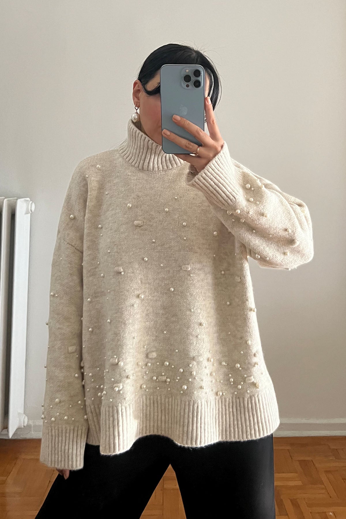 Bej İnci Detaylı Yarım Balıkçı Triko Kazak SY-2741-Bej