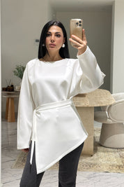 Bağlama Parçalı Scuba Beyaz Bluz SY-3605-Beyaz