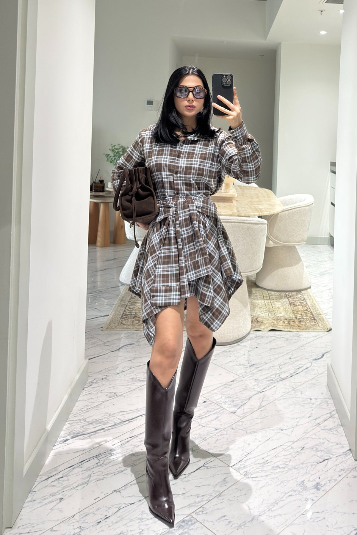 Kahve Mavi Kareli Etek Gömlek Takım SY-3609-Mavi