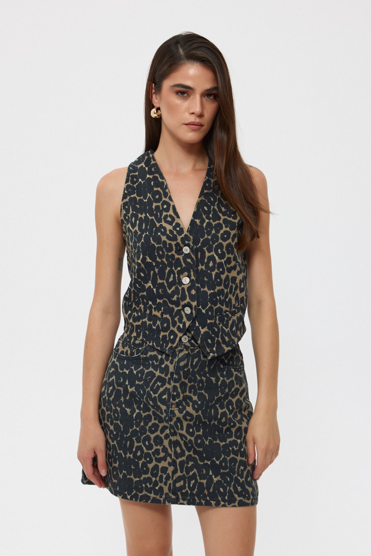 Leopar Önü Düğmeli Denim Yelek SY-2446-Leopar