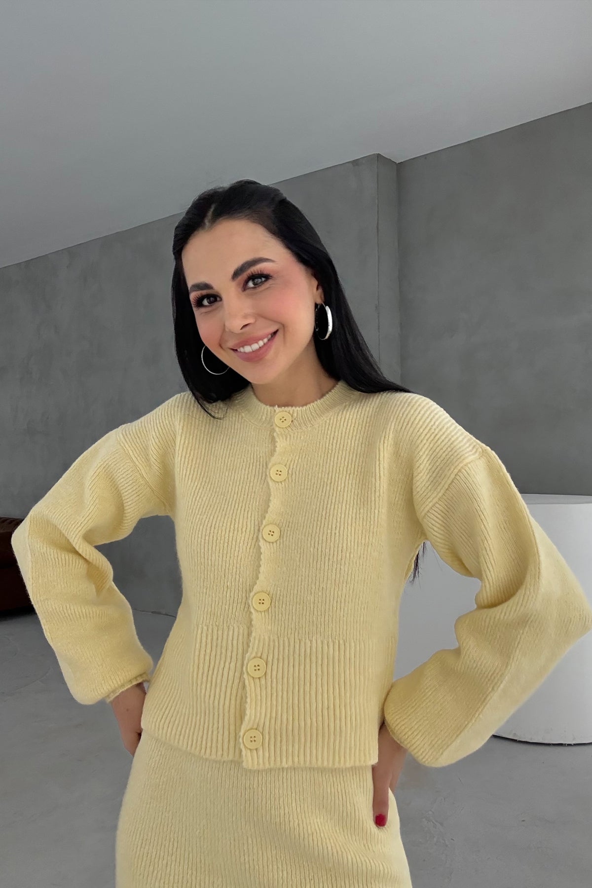 Sarı Kırçıllı Etek Hırka Triko Takım SY-3455-Sarı