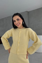 Sarı Kırçıllı Etek Hırka Triko Takım SY-3455-Sarı