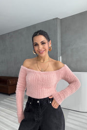 Pembe Sakallı Kayık Yaka Triko Kazak SYM-3426-Pembe