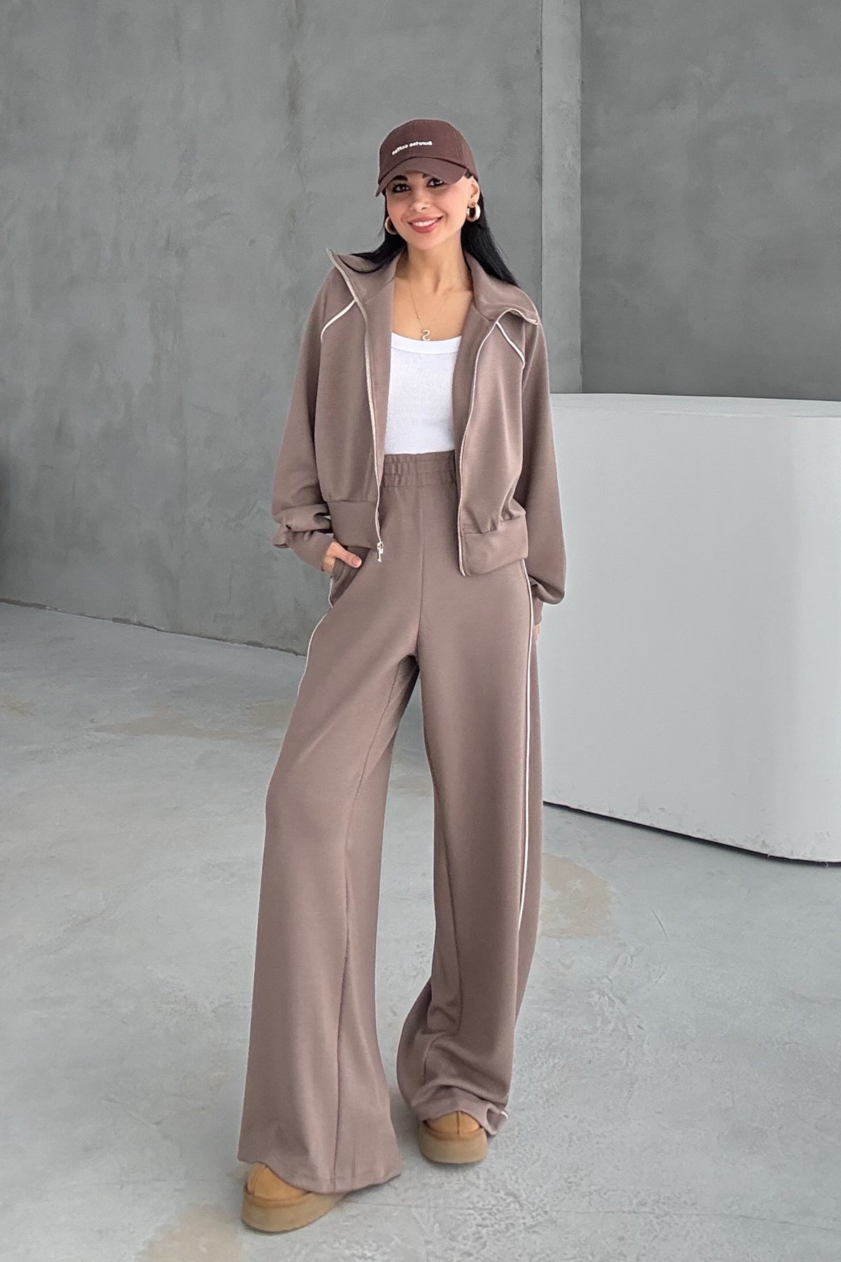 Bol Paça Fermuarlı Modal Eşofman Takım- Vizon SY-3422-Vizon