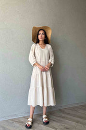 Müslin Kumaş V Yaka Rahat Kesim Taş Elbise SY-1939-Taş