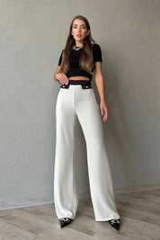 Beyaz Bel Kısmı ve Cepleri Siyah Geçişli Pantolon SY-1108-Beyaz