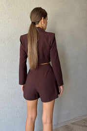Acı Kahve Crop Ceket ve Piliseli Şort Etek Takım SY-0934-Acı Kahve