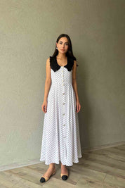 Beyaz Dantel Yaka Puantiyeli Tasarım Elbise SY-0638-Beyaz