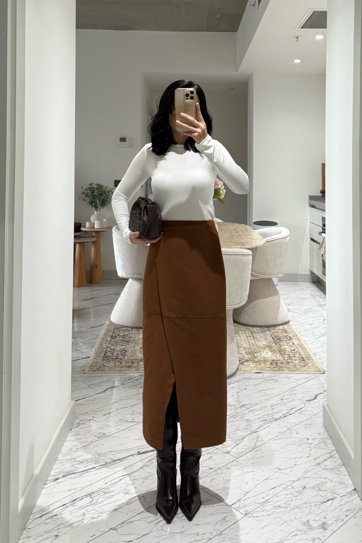 Süet Anvelop Taba Midi Etek SY-3473-Taba