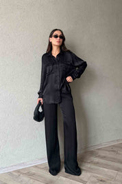 Siyah Saten Düğme Detaylı Gömlek Pantolon Takım SY-2008-Siyah