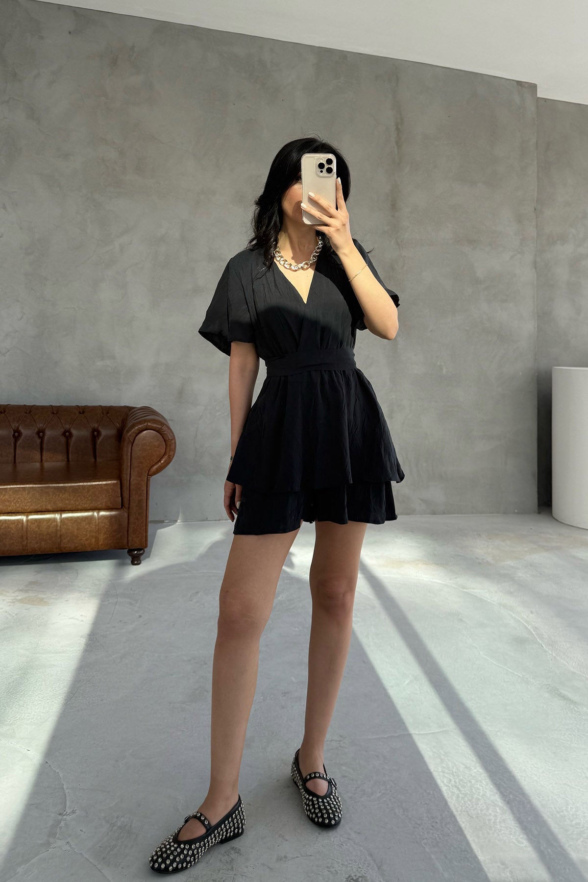 Siyah Beli Lastikli Kuşaklı Mini Elbise SY-3067-Siyah