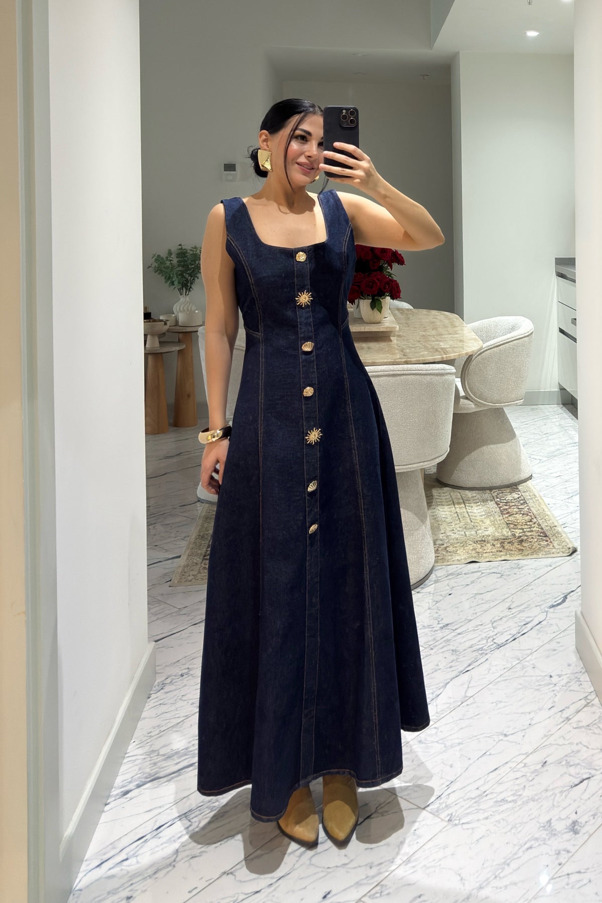 Düğme Detaylı Denim Elbise SY-3621-Lacivert