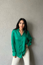 Yeşil Saten Düğmeli Gömlek SY-0867-Yeşil