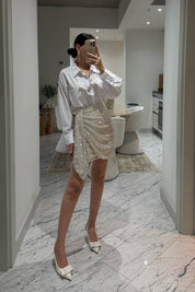 Bej payetli Büzgü Detaylı Tasarım Mini Etek SY-3516-Bej