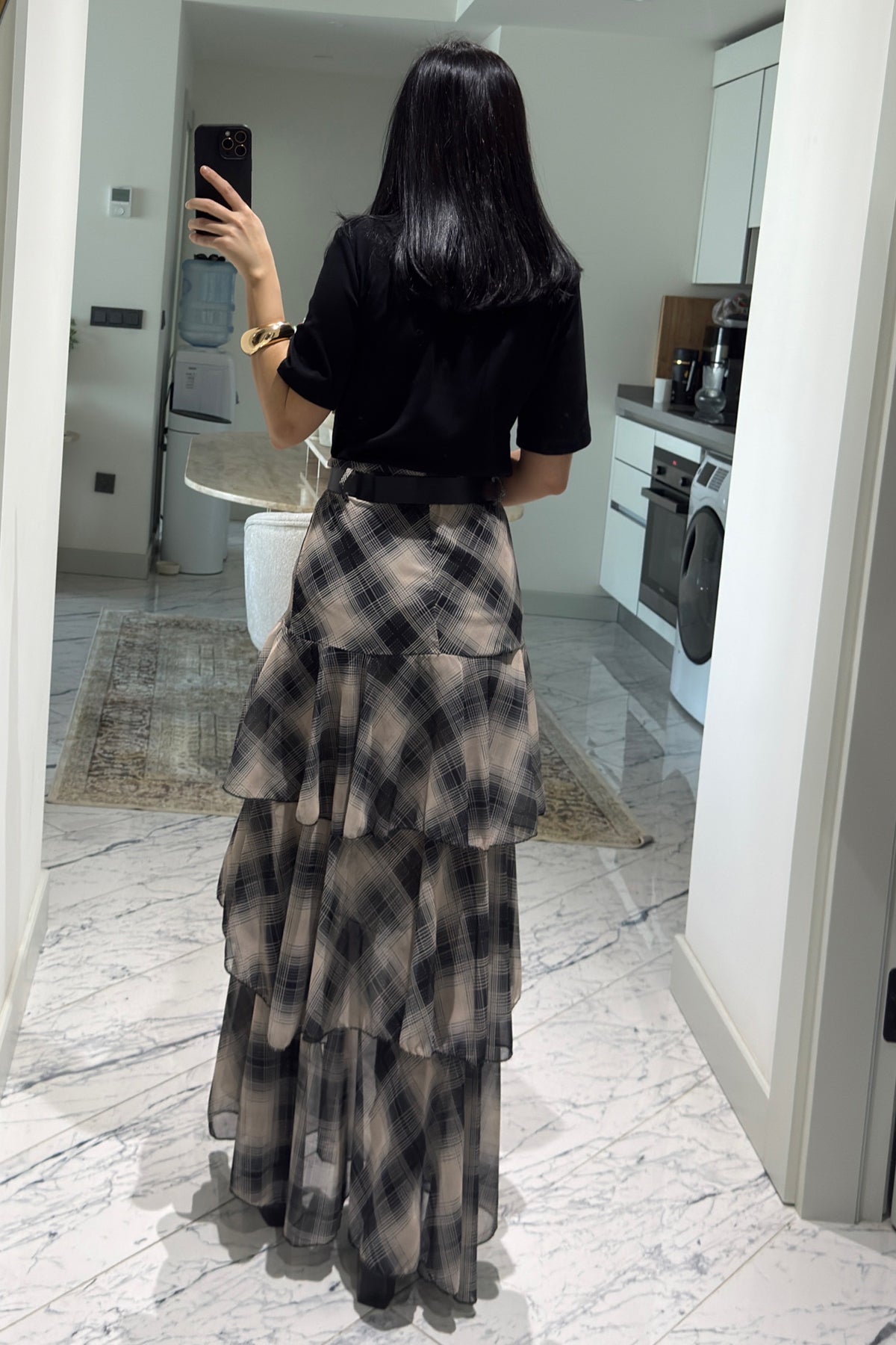 Siyah Ekoseli Fırfırlı Kat Kat Kemerli ETek SY-3525-SiyahEkose