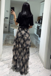 Siyah Ekoseli Fırfırlı Kat Kat Kemerli ETek SY-3525-SiyahEkose