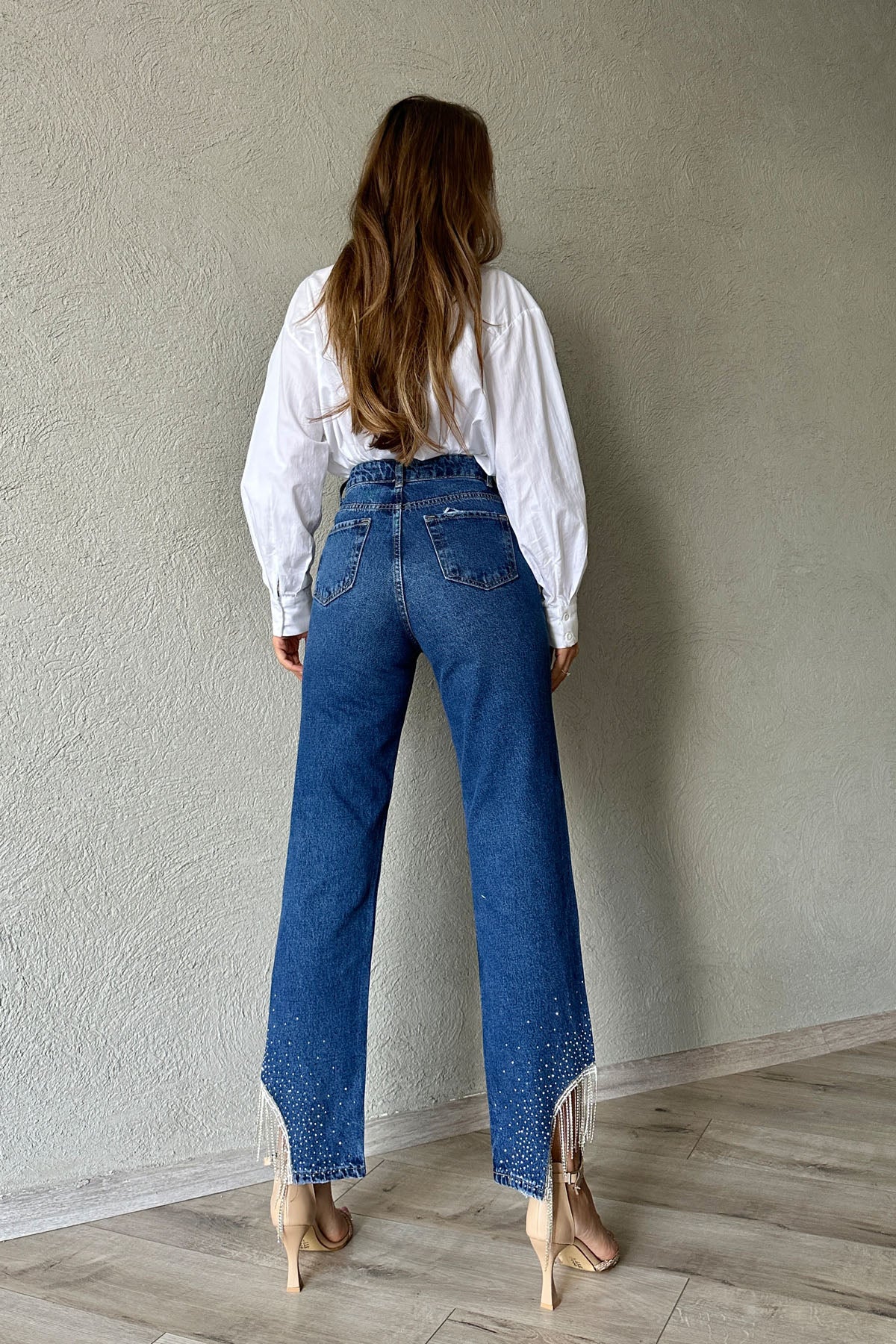 Koyu Mavi Paçası Taş ve Zincir Detay Jean SY-0346-Koyu Mavi