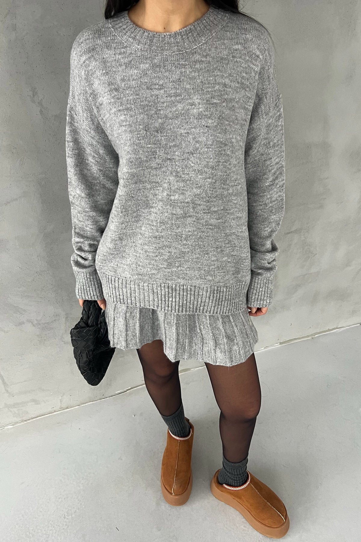 Gri Triko Mini Etek Kazak Takım SY-2749-Gri