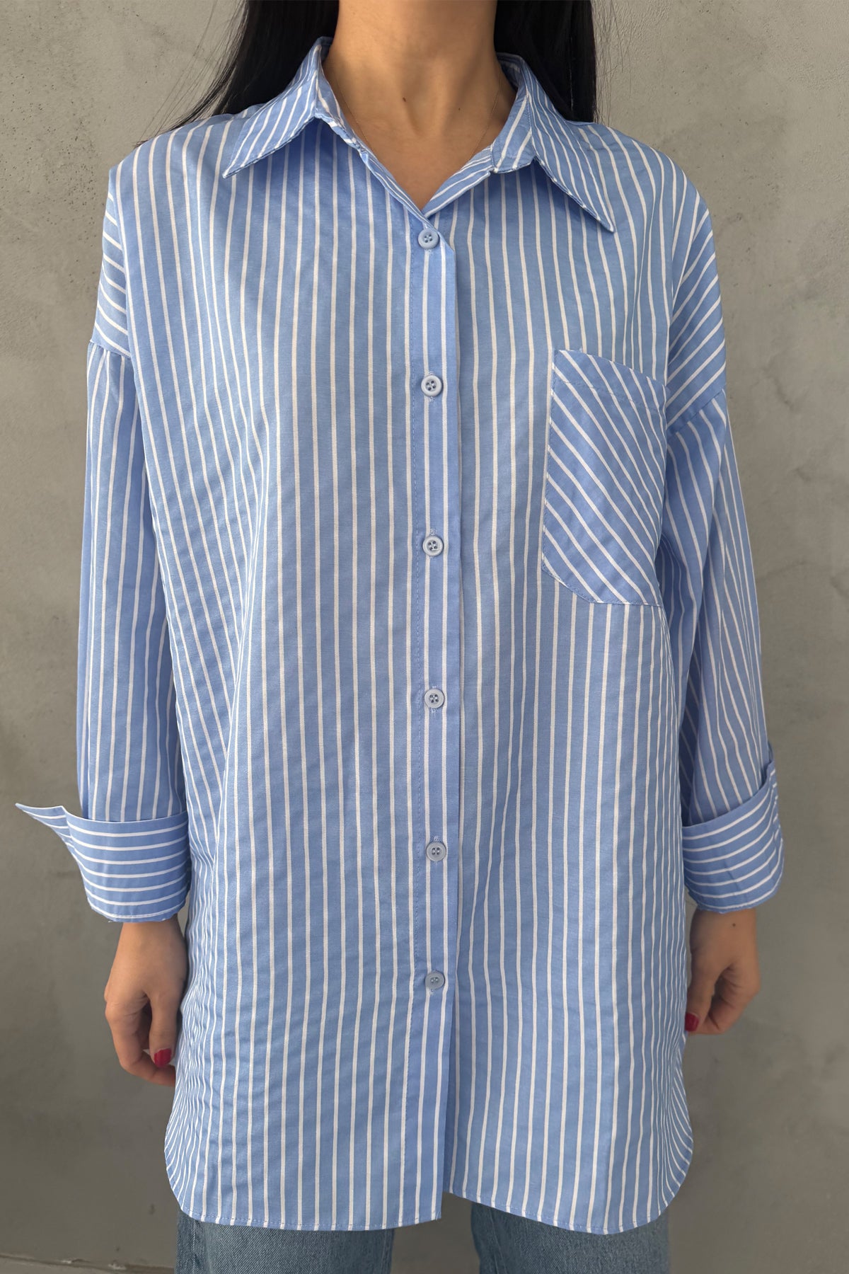 Mavi Çizgili Kadın Gömlek SYM-3428-Mavi