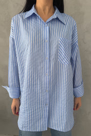 Mavi Çizgili Kadın Gömlek SYM-3428-Mavi
