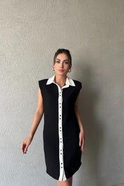 Siyah Garni Yaka Vatka Detaylı Elbise SY-1950-Siyah