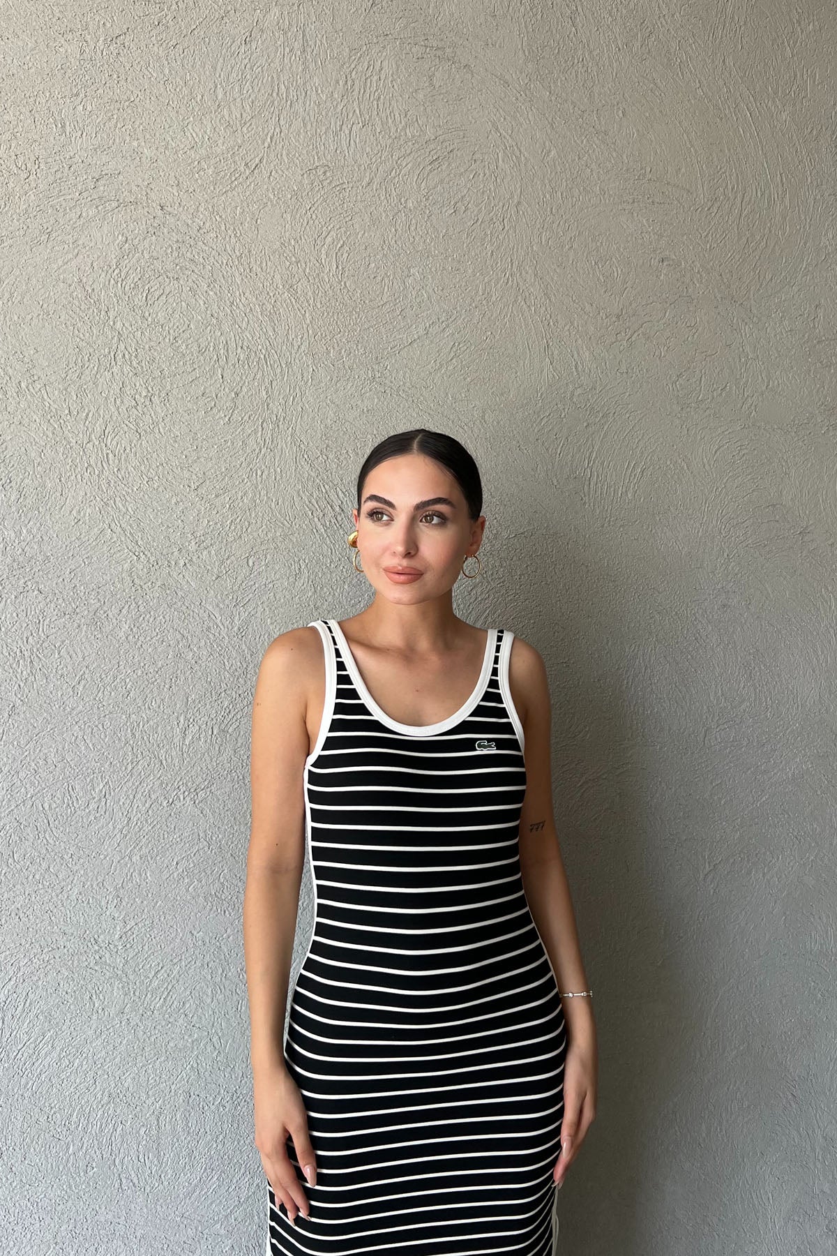 Siyah Beyaz Çizgili L Muadili Kadın Straight Fit Lacivert Elbise SY-2258-Siyah Beyaz