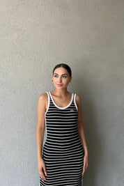 Siyah Beyaz Çizgili L Muadili Kadın Straight Fit Lacivert Elbise SY-2258-Siyah Beyaz