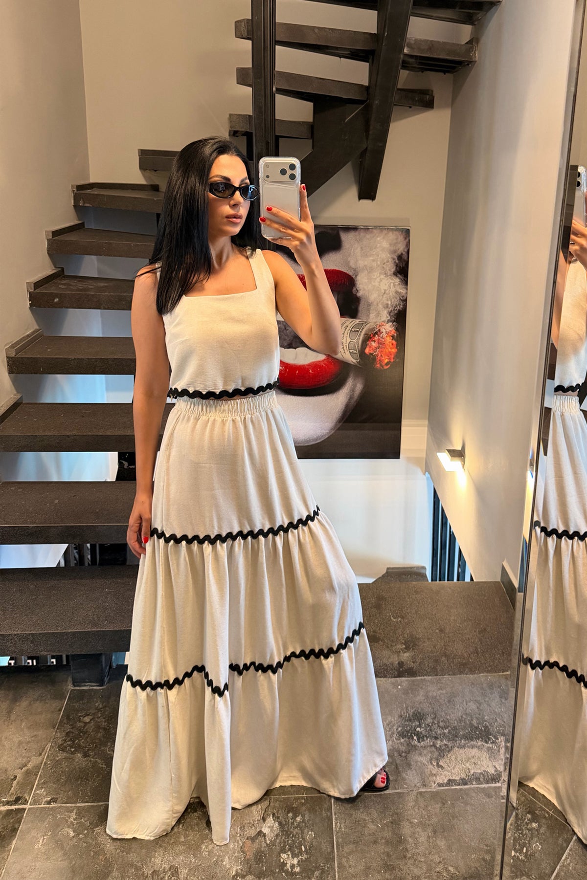 Naturel Siyah Şerit Detaylı Keten Etek Bluz Takım SY-3727-Naturel