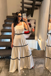 Naturel Siyah Şerit Detaylı Keten Etek Bluz Takım SY-3727-Naturel