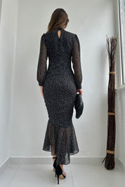 Siyah Puantiyeli Önü Büzgülü Şifon Elbise SY-0100-Siyah