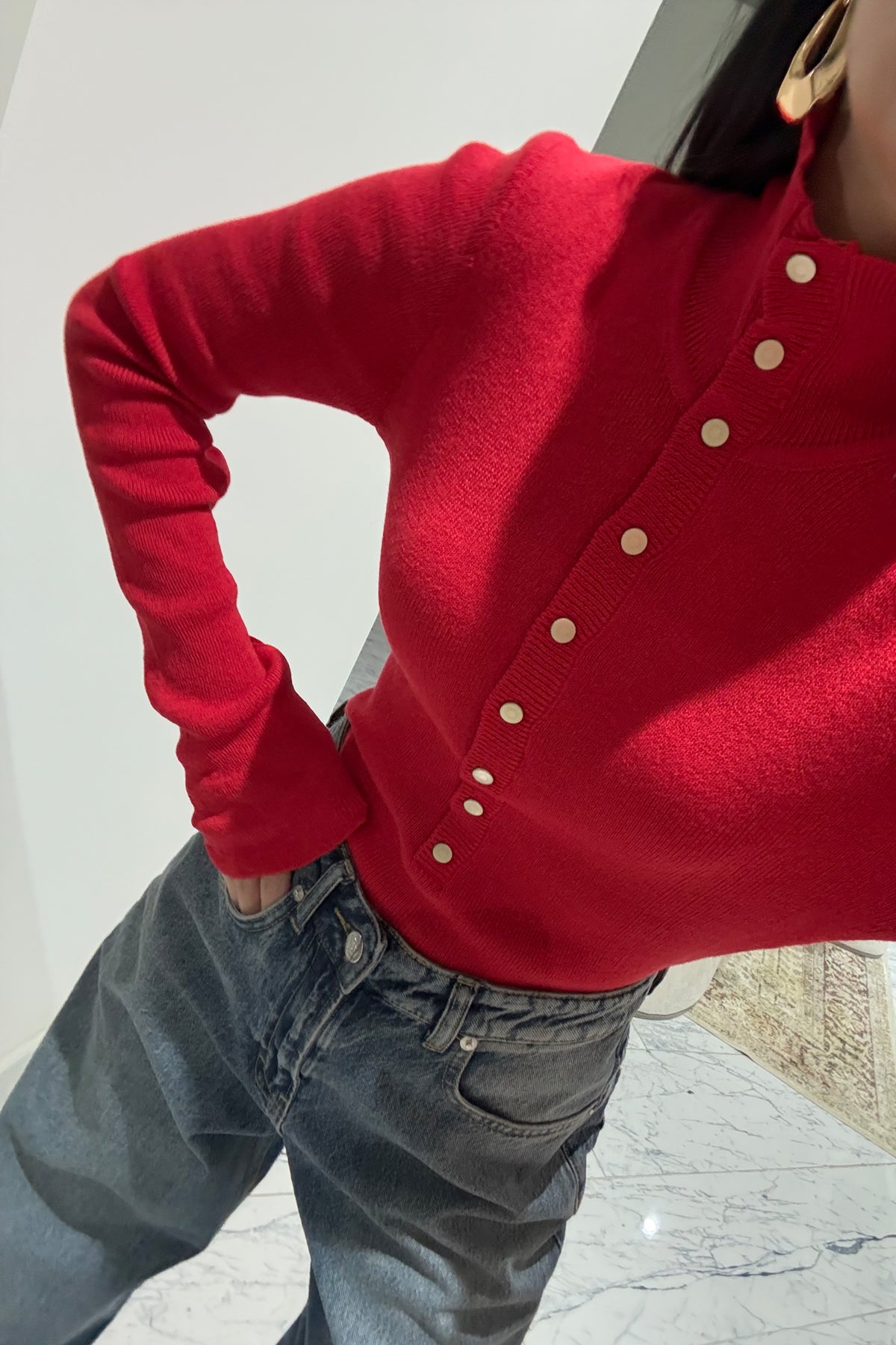 Kırmızı Dik Yaka Çıtçıtlı Triko Kazak SY-3502-Kırmızı