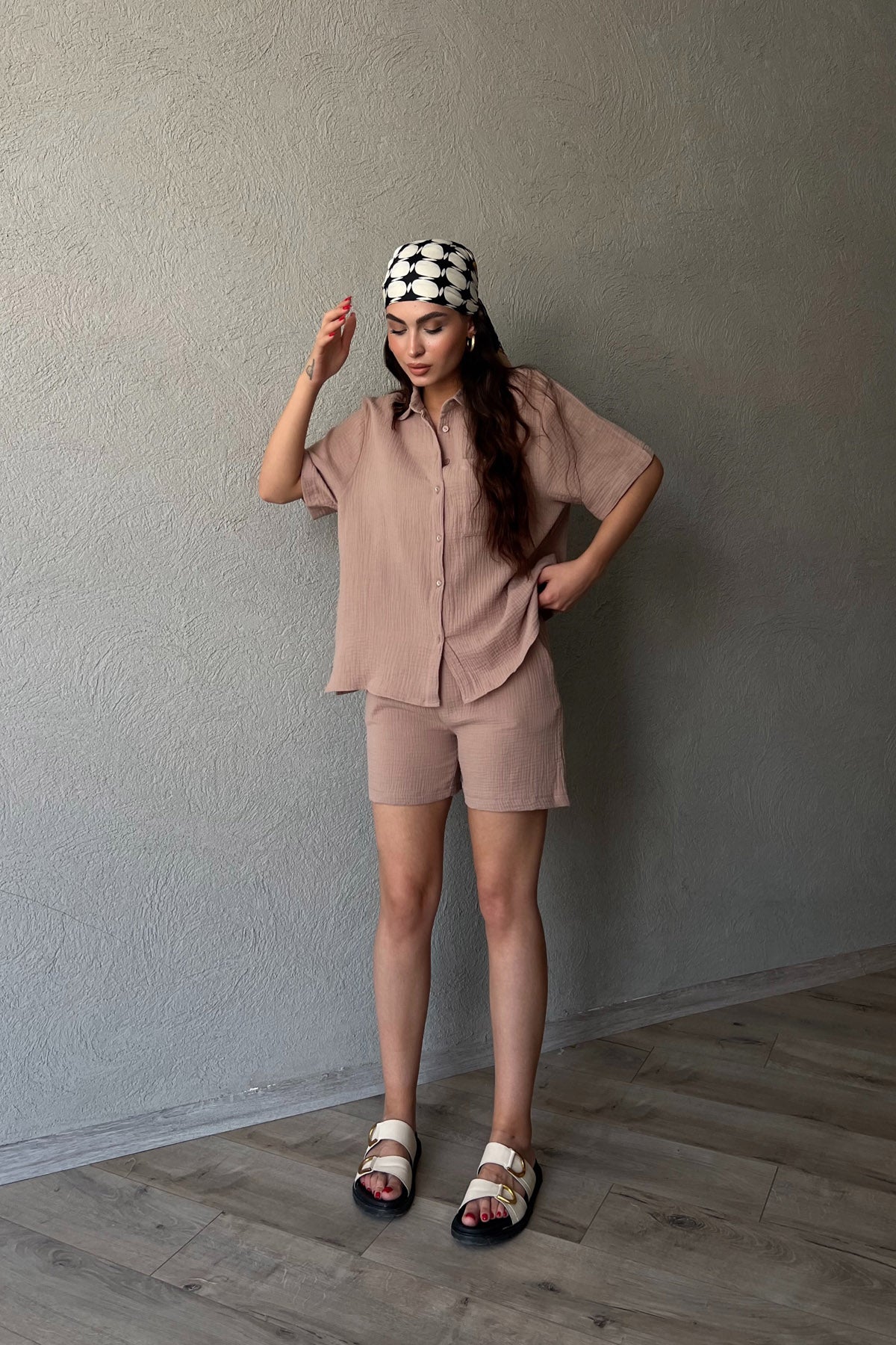 Vizon Kısa Kol Gömlek Şort Müslin Takım SY-2118-Vizon