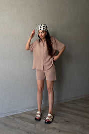 Vizon Kısa Kol Gömlek Şort Müslin Takım SY-2118-Vizon