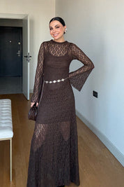 Kahverengi Dantel Detaylı Maxi Kemerli Elbise SY-3521-Kahverengi