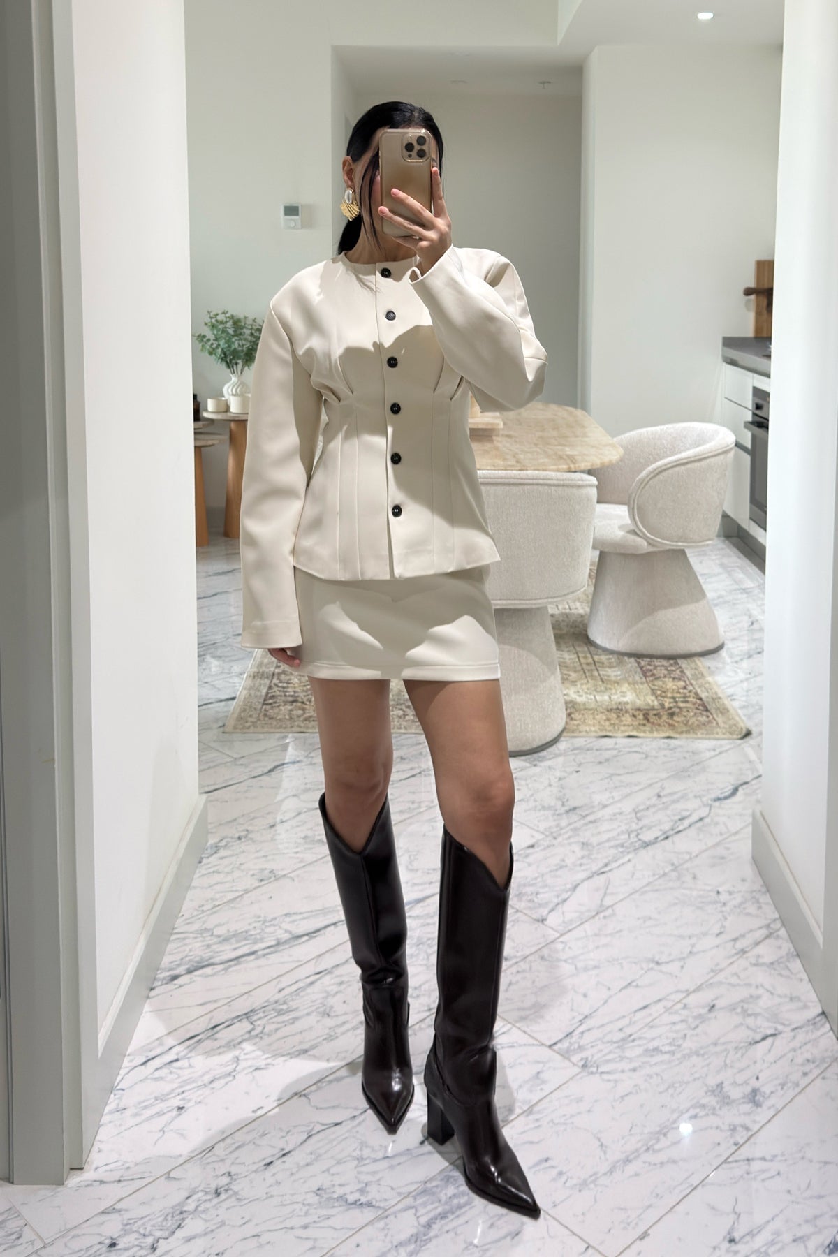 Ekru Tasarım Belden Oturmalı Ceket ve Etek Takım SY-3601-Ekru