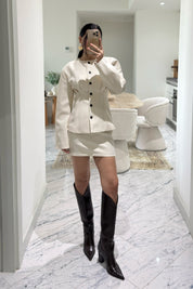 Ekru Tasarım Belden Oturmalı Ceket ve Etek Takım SY-3601-Ekru