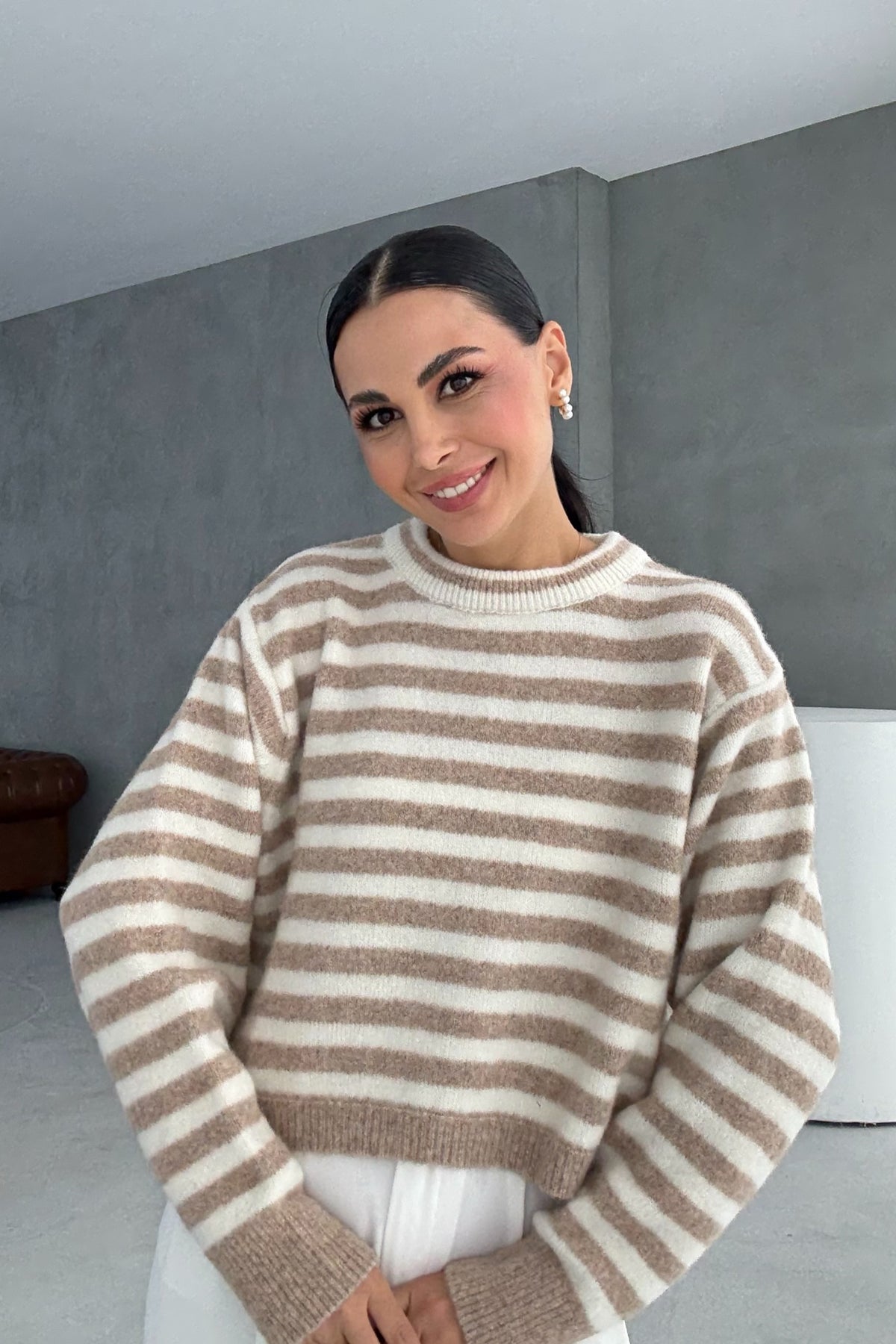 Vizon Çizgili Yumuşak Triko Kazak SY-3434-Vizon