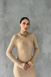 Taş Fitilli Yarım Balıkçı Yaka Uzun Triko Elbise SY-2627-Taş