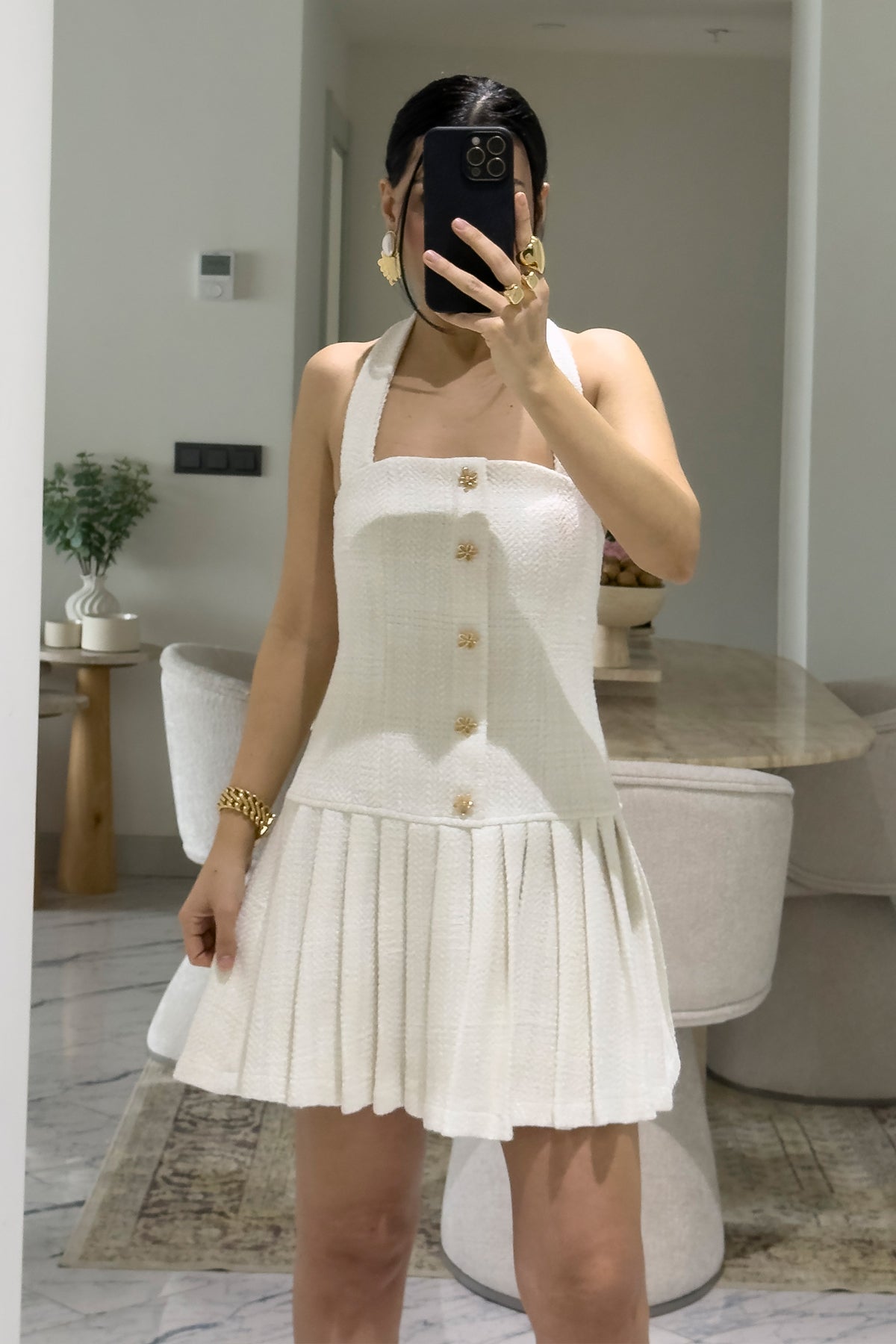 Ekru Gold Düğmeli Tüvit Sisra Mini Elbise SY-3626-Ekru