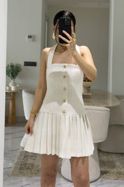 Ekru Gold Düğmeli Tüvit Sisra Mini Elbise SY-3626-Ekru