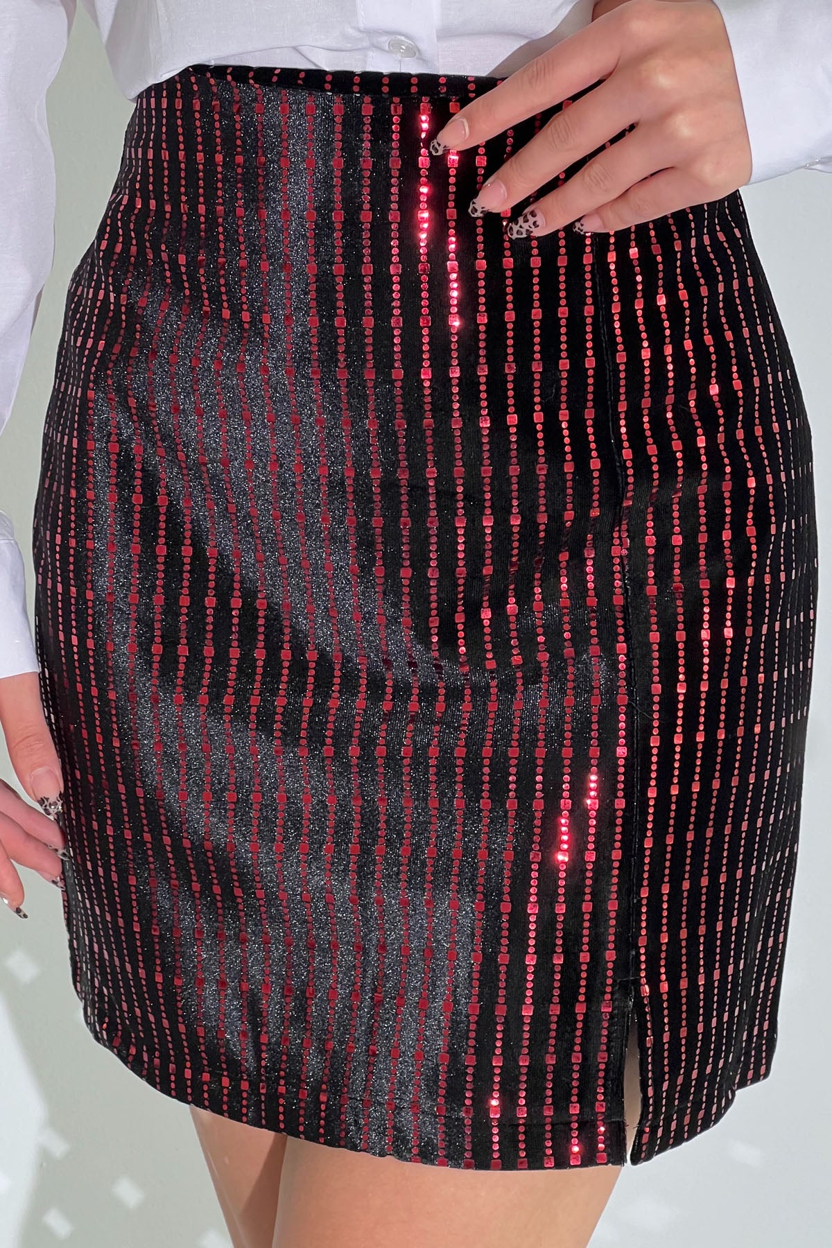 Bordo Payetli Kadife Mini Etek SY-2810-Bordo