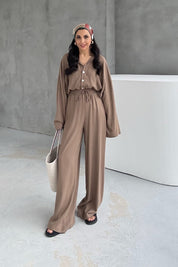 Kahverengi Keten Polo Yaka Gömlek Pantolon Takım SY-3118-Kahverengi