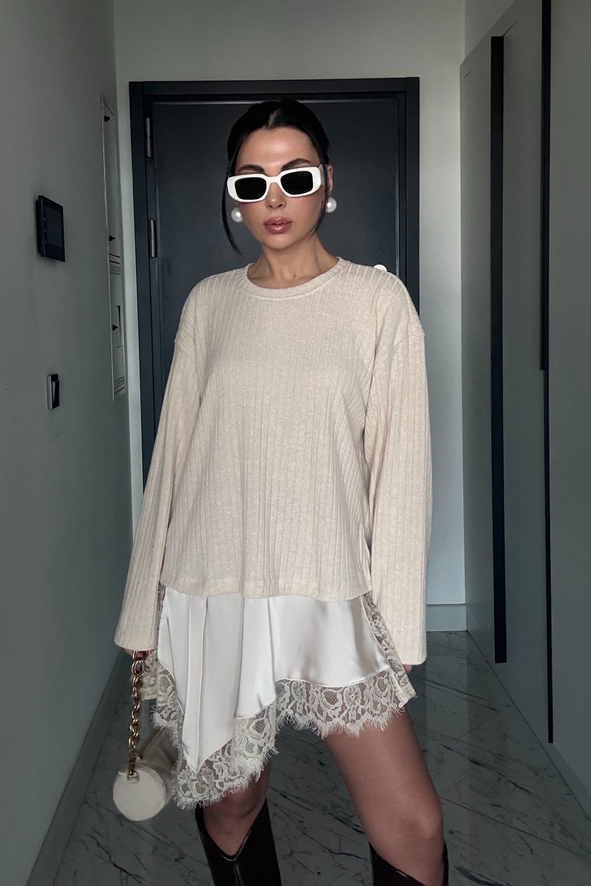 Bej Dantel Detaylı Saten Triko Bluz-Elbise SY-3504-Bej