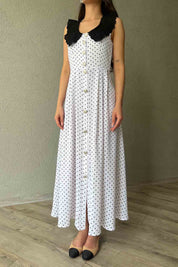 Beyaz Dantel Yaka Puantiyeli Tasarım Elbise SY-0638-Beyaz