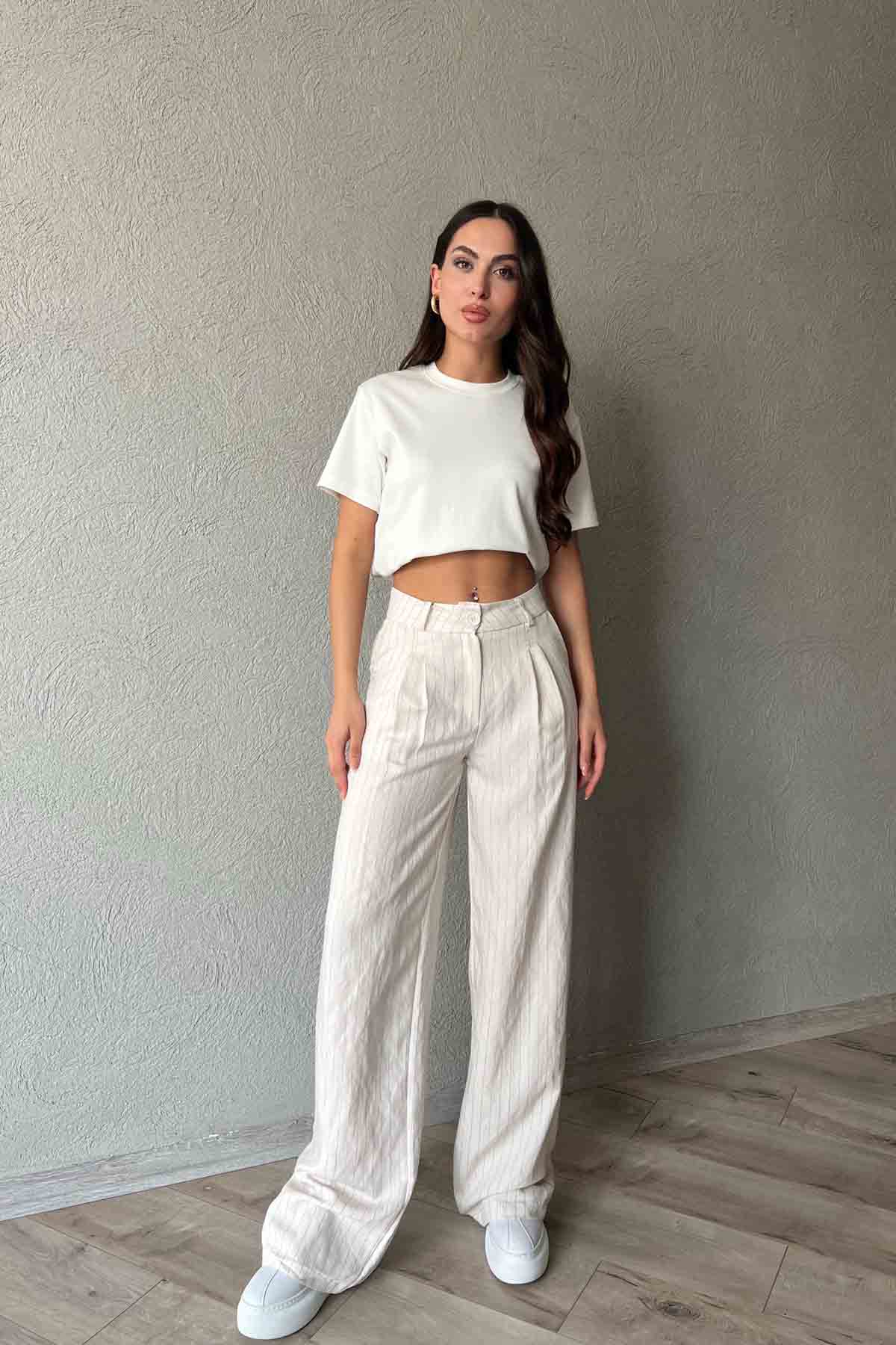 Bej Tensel Kumaş Çizgili Pantolon SY-1977-Bej