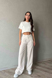 Bej Tensel Kumaş Çizgili Pantolon SY-1977-Bej