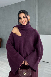 Mürdüm Şal Detaylı Triko Kazak SY-3427-Mürdüm