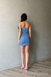 Mavi Straplez Gül Broş Detaylı Denim Elbise SY-1900-Mavi